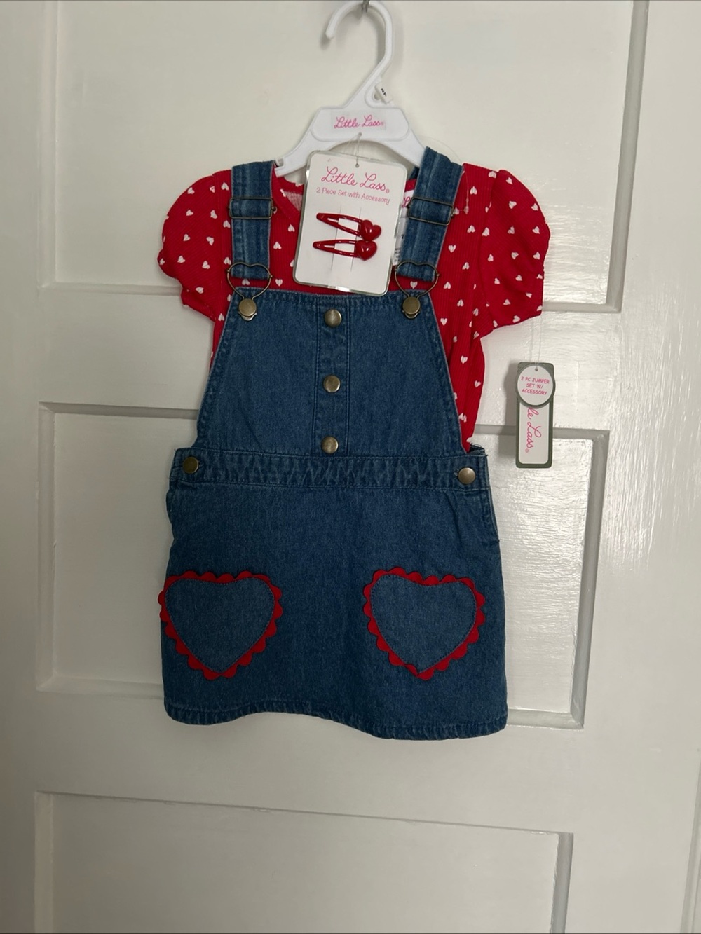 Little Lass Red Heart Tee with Denim Overall Jumper Dress 2T NWT